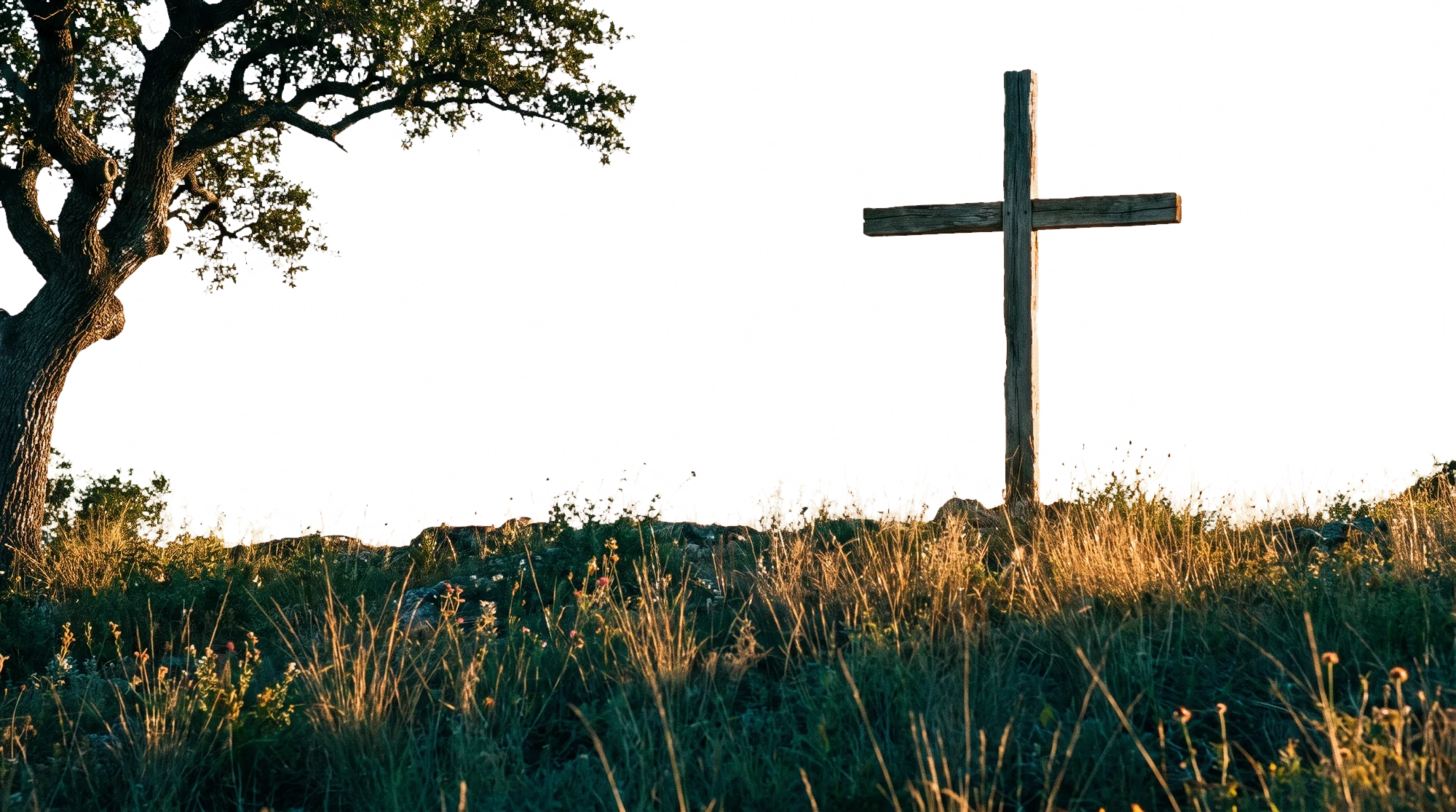 A wooden cross on a hilltop at dawn above the river valley