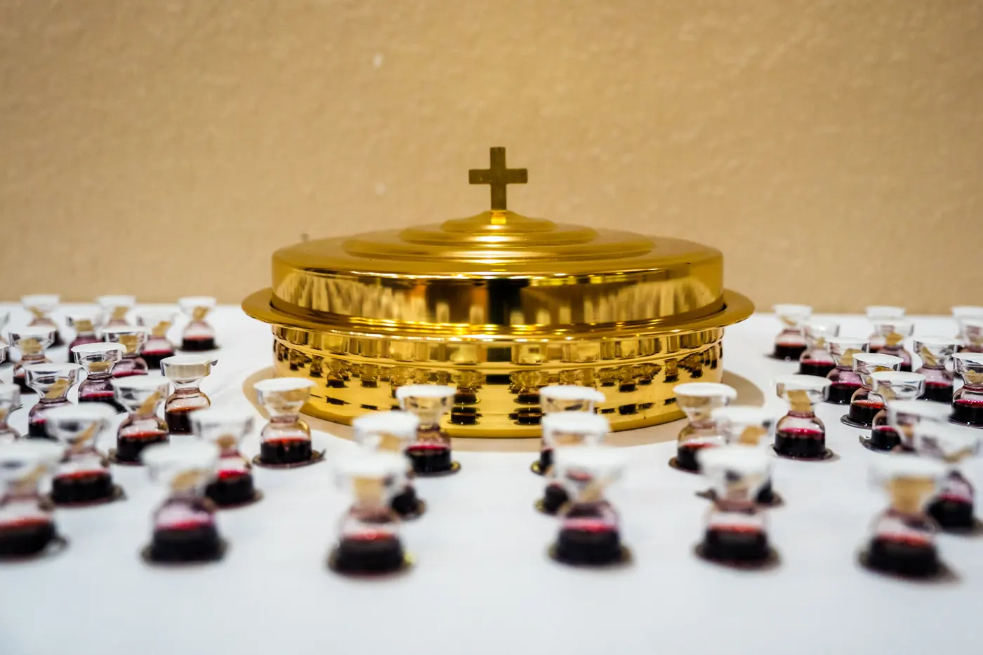 Communion cups laid out on a table